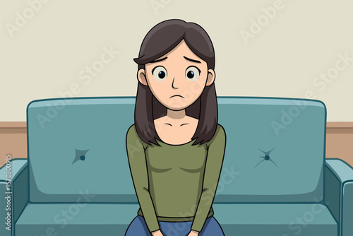 Worried Young Woman Sitting Thoughtfully on a Couch in a Room
