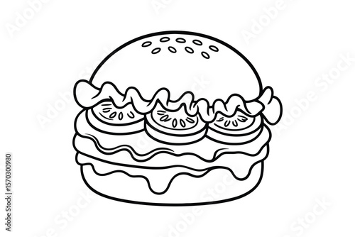 Delicious Burger Illustration with Fresh Toppings and Sesame Seed Bun Art