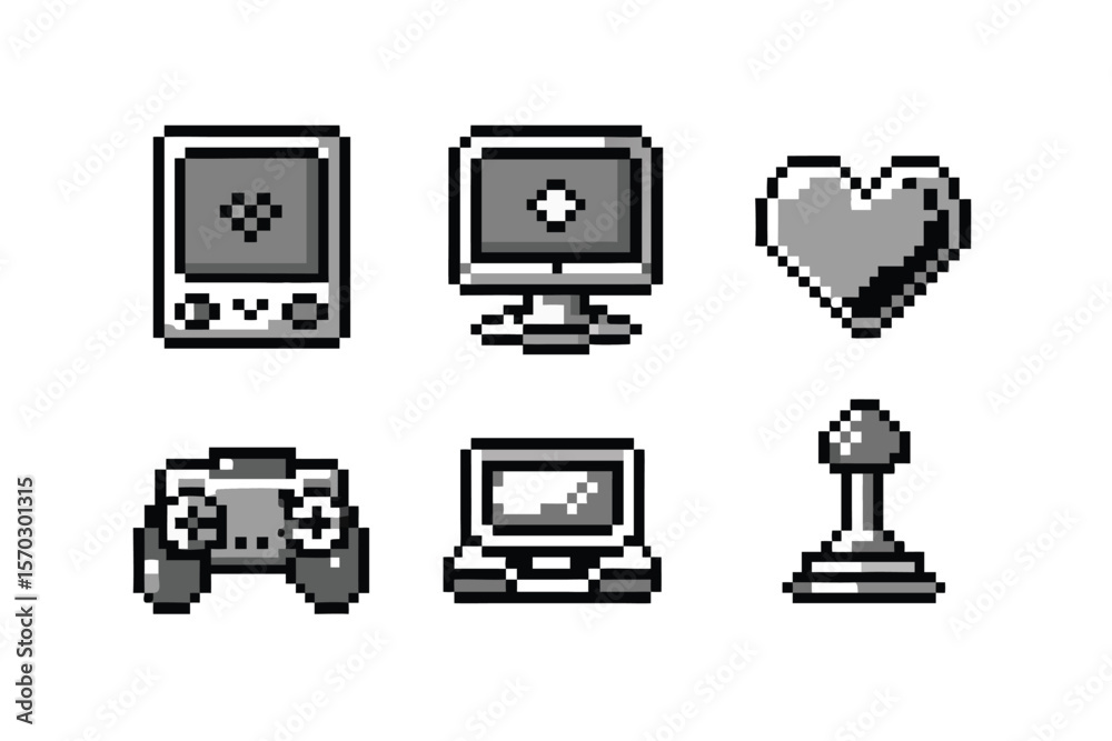 8-bit Retro Gaming Pixel Art Icon Set. Monochrome Arcade Sprites with Dithering. Vintage Video Game Symbols 8-bit Retro Gaming Pixel Art Icon Set. Monochrome Arcade Sprites with Dithering. Vintage Video Game Symbols