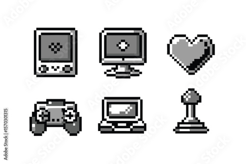 8-bit Retro Gaming Pixel Art Icon Set. Monochrome Arcade Sprites with Dithering. Vintage Video Game Symbols