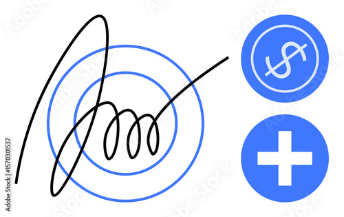 Hand-drawn signature with target rings, dollar sign circle, and medical cross suggesting authorization, financial dealings, healthcare, security, and personal identity. Ideal for finance, healthcare