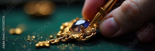 Master Jeweler Gilded Jewelry Close Up Expert Craftsmanship, Intricate Detail, Golden Enhancement, Luxurious Texture, Precious Metalwork, Artistic Process