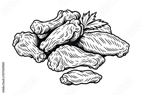 Detailed Hand Drawn Chicken Wings Illustration with Parsley Garnish Vector
