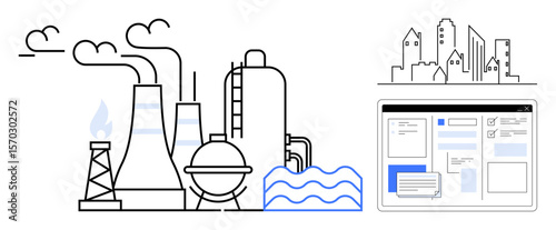 Industrial factory with chimneys and pipelines, cityscape in the distance, and a digital interface. Ideal for technology, industry, data management, automation, energy pollution and innovation. A