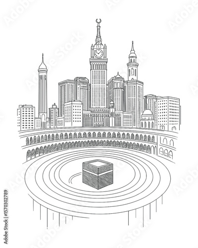 Detailed Line Art of Mecca Skyline with Kaaba and Clock Tower Landmark