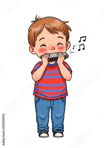 Cartoon Boy with Harmonica Isolated Transparent Music Instrument