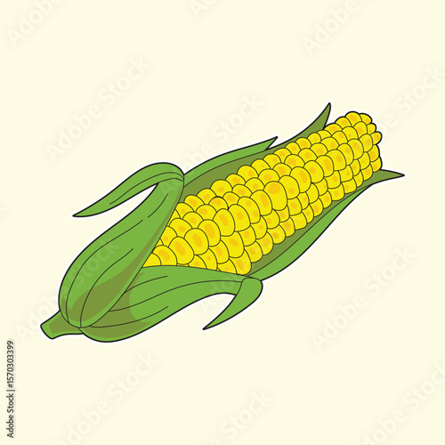 Hand drawn yellow corn on the cob with green husk in cute cartoon style, ideal for thanksgiving, harvest, healthy food designs, farm prints, autumn themes, packaging art, and creative seasonal project