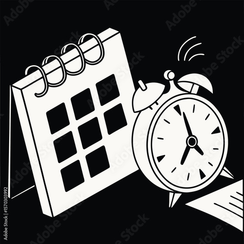 Monochromatic illustration: alarm clock ringing near desk calendar; urgent schedule concept; time management; deadline reminder.
