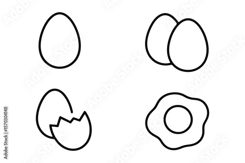 Egg Icon Set Vector Illustration: Whole, Cracked, and Fried Egg Outlines