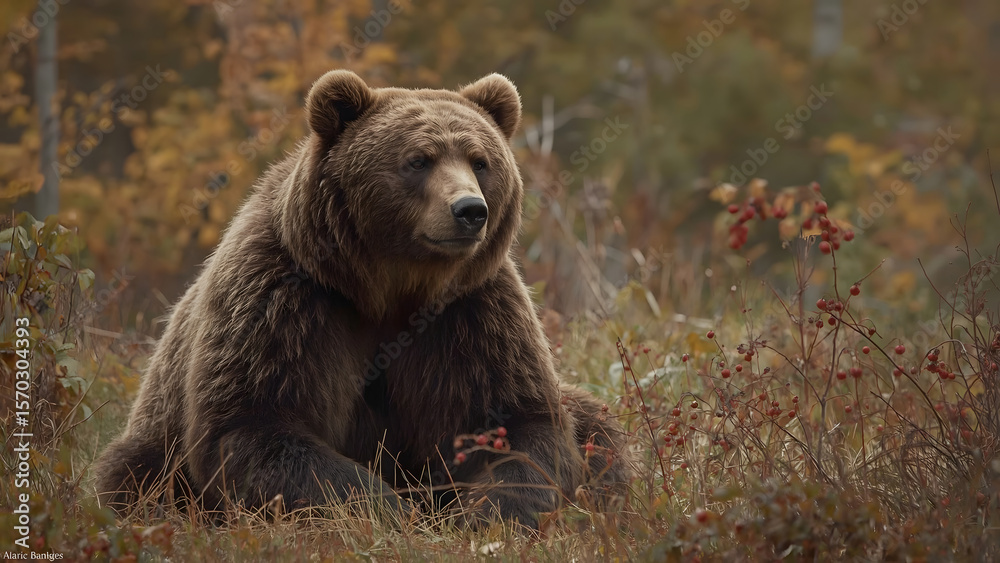 Fototapeta premium Brown bear sits amidst autumn foliage in a serene forest scene.