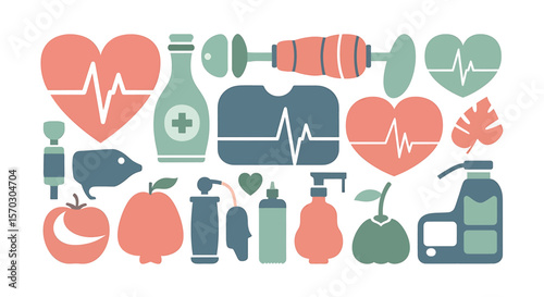 Beauty and wellness icons arrayed, representing self-care, in flat style with copy space, illustrating health and skincare with soft color palette.