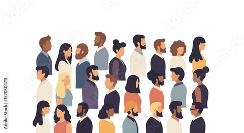 Diverse Crowd Faces Forward, Illustrating Multiracial Community Unity, on White Background with Copy Space, Vector illustration for equality and inclusion.