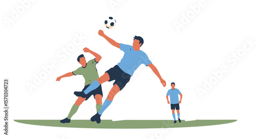 Soccer players compete by kicking a soccer ball on the field, illustrating teamwork and sportsmanship with copy space.
