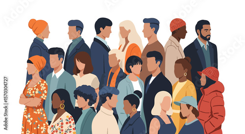 Diverse Group Stands Together in Solidarity, Illustrating Unity and Inclusion with Abstract Design and White Background