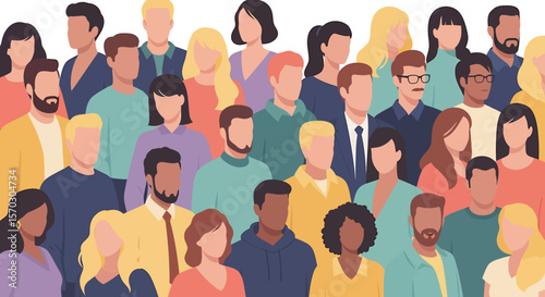 Diverse Crowd Gathers, Representing Community, against a White Background, with Illustrative Style and Diversity Concept.