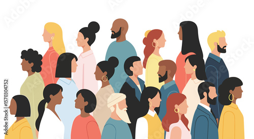 Diverse group of people stands, looking towards the same direction, embodying unity and community, with flat design for social inclusion.