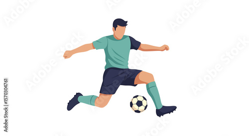 Soccer Player Kicks Ball with Power, Isolated on White, Vector Illustration for Sports Theme