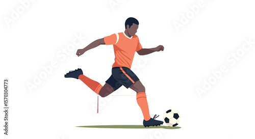 Football Player Kicks the Ball in a Dynamic Motion, isolated on white, showcasing athleticism with vector illustration and a clean, modern aesthetic.