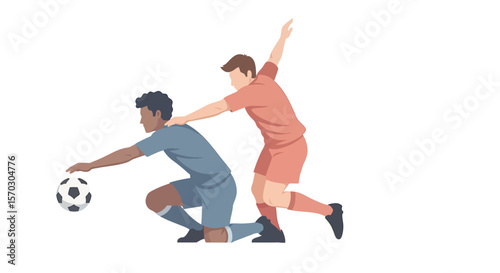Soccer players compete for the ball in an intense match, vector illustration with copy space, sportsmanship concept.