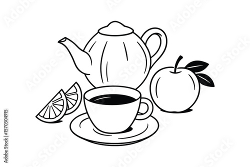 Elegant Tea Time Still Life with Teapot, Cup, Fruit, and Citrus Slice Vector