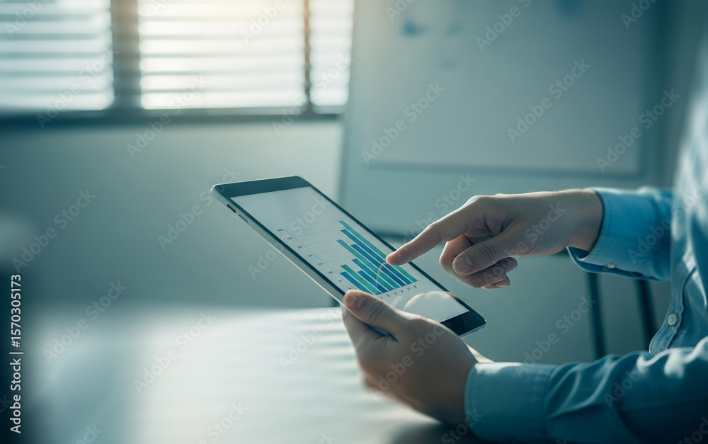 Obraz premium Hands using a tablet displaying a chart near a window with blinds.