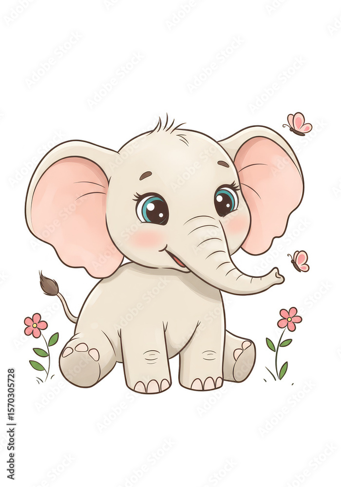 Fototapeta premium Cute Elephant Illustration with Pink Flowers Playful Cartoon Animal