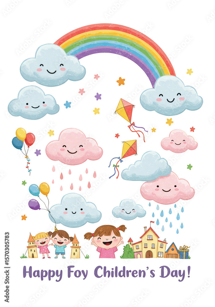 Fototapeta premium Cute Happy Children Day Illustration Clouds Rainbow Transparent Design