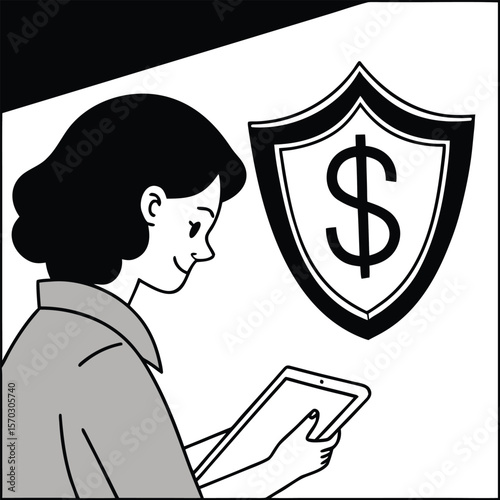 Woman using tablet, secure online banking, financial protection, minimalist line art style, confident mood.