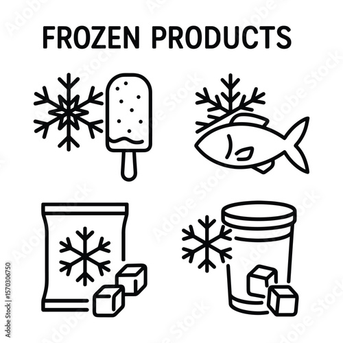 Frozen Products Icon Set Vector Illustration for Food Packaging and Labels