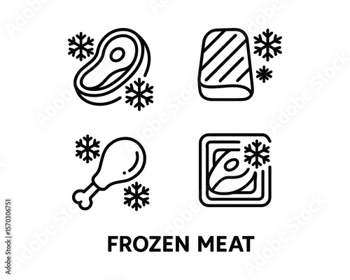 Frozen Meat Food Storage Preservation Line Art Icon Set Isolated