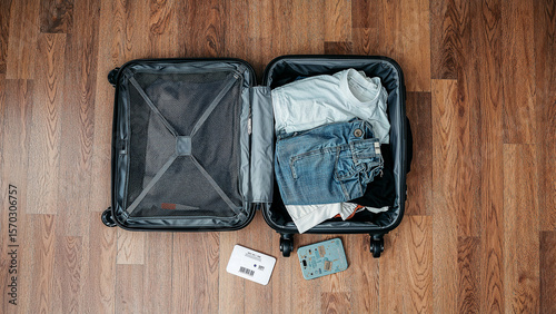 Clothes overflowing from an open suitcase on floor