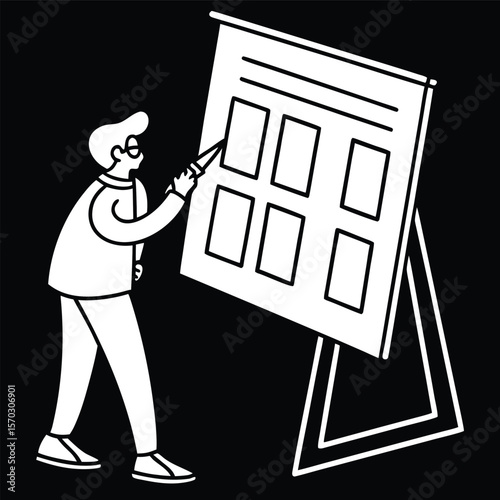 Modern minimalist businessman presenting project plan on flip chart;  black and white illustration, strategic planning concept.