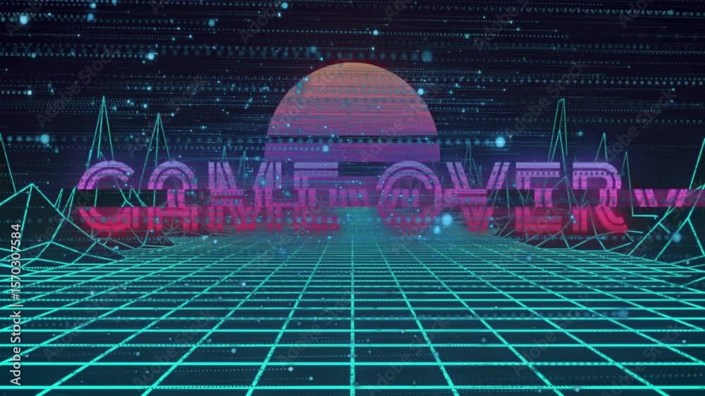 Static shot, scanlines rising, glitching neon GAME OVER slicing, reforming, restoring retro display