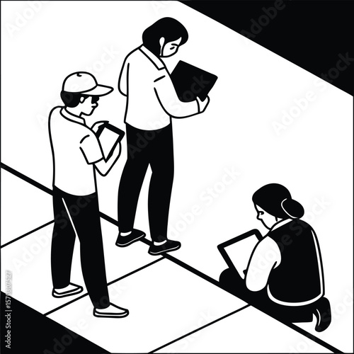 Three diverse professionals using tablets outdoors, isometric, black and white, minimalist style, urban setting, contemporary mood.