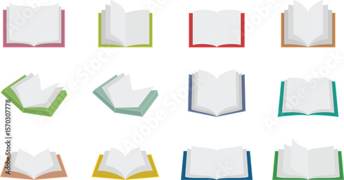 Flat Vector Collection of Open Books in Different Angles and Colors for Study and Editorial Use