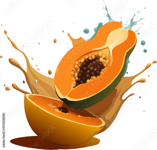 Realistic Papaya with Juice Splash – Tropical Fruit Illustration Isolated on White Background