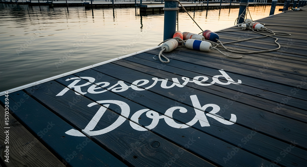 Fototapeta premium Reserved Dock Space At Marina At Dusk Creates Nautical Coastal Dockscape