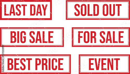 Grunge Stamp Vector Set Featuring SALE, LAST DAY, BEST PRICE, EVENT, FOR SALE Messages in Red Frames