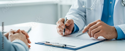 Doctor writing on a form at a desk patient hands visible.