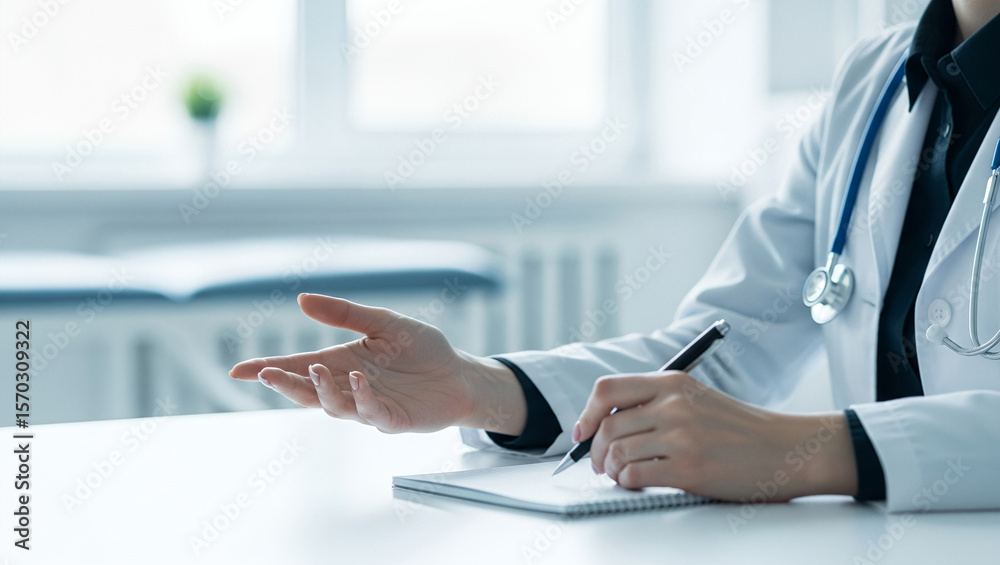 Naklejka premium Doctor in white coat at desk with clipboard gesturing with hand.