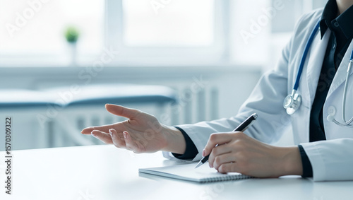 Doctor in white coat at desk with clipboard gesturing with hand.
