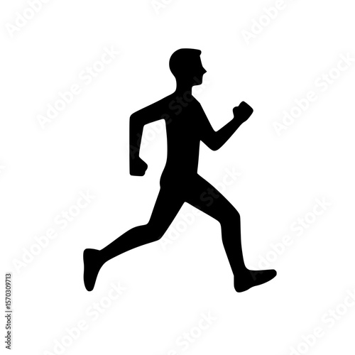 Jogging person icon, black silhouette, mid-step pose, active motion, minimal clipart