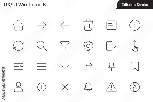 A set of editable line icons related to UX UI Wireframe Kit. This vector file contains fully editable stroke lines for easy customization