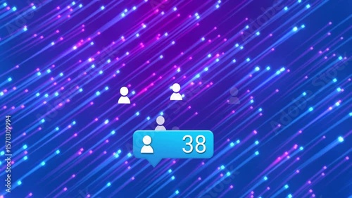 Emerging light-blue chat bubble updating numeric count as silhouettes joining against neon backdrop