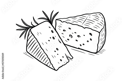 Hand-Drawn Cheese Arrangement with Rosemary on White Background