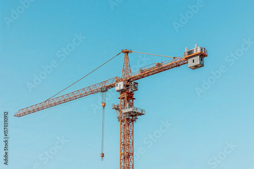 Orange crane lifting against a light blue sky