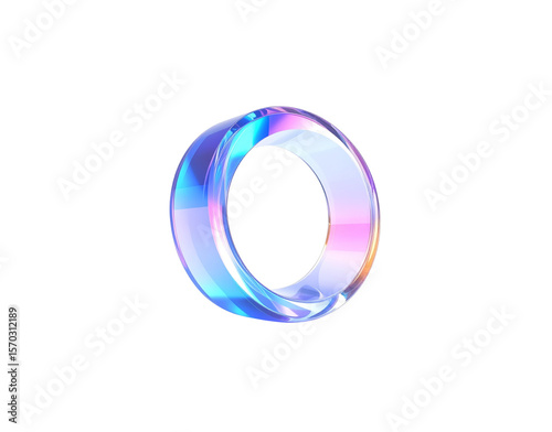 Iridescent Glass Ring with Holographic Reflections on Black Background.