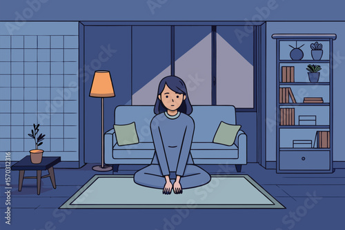 Woman Sitting Peacefully on a Carpet in a Cozy Living Room