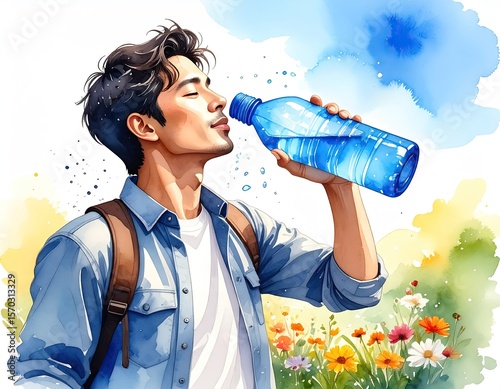 Man drinking water outdoors