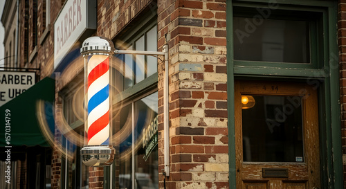 Retro Barber Shop Exterior With Swirling Pole And Textured Brickwork During Daytime